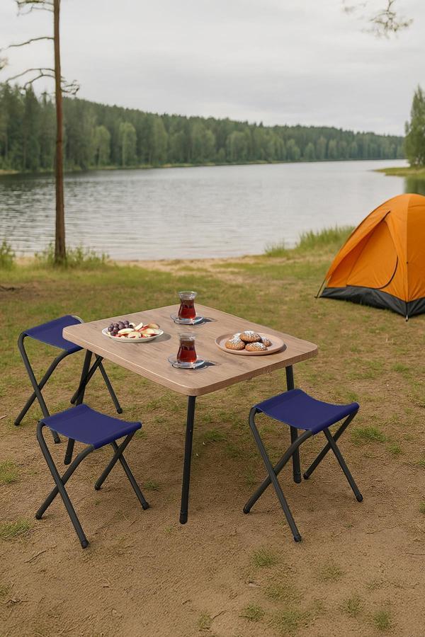 Exent 45X60 cm Kamp Sehpası + 3 Adet LACİVERT Tabure Piknik, balkon sehpası Katlanır Sehpa-A-3L - Image 1