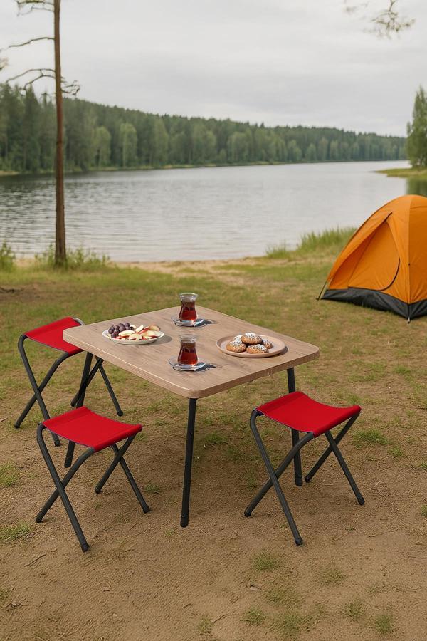 Exent 45X60 cm Kamp Sehpası + 3 Adet KIRMIZI Tabure Piknik, bahçe balkon sehpası Katlanır Sehpa-A-3K - Image 1