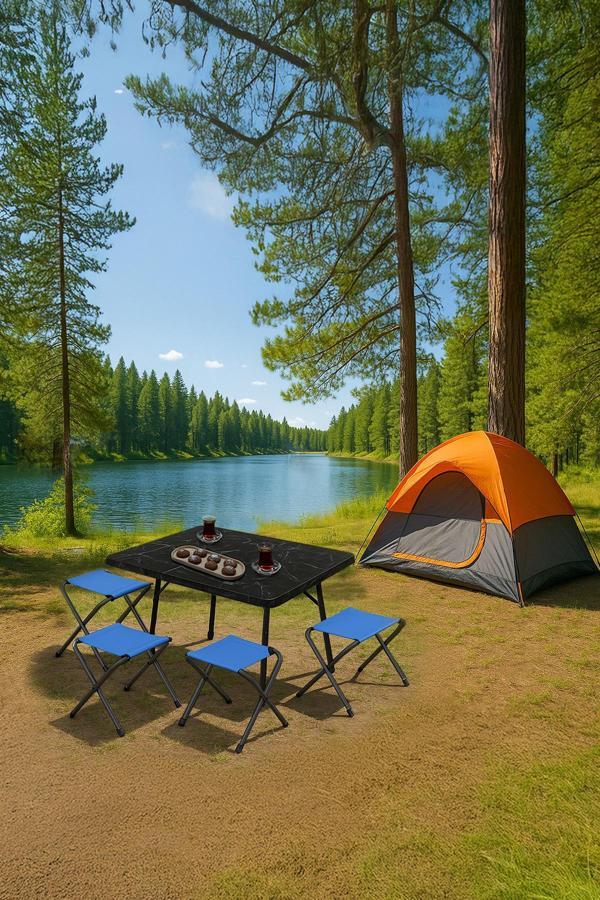 Exent 45X60 cm Kamp Sehpası + 4 Adet MAVİ Tabure Piknik, bahçe balkon sehpası Katlanır Sehpa-ME-4M - Image 1