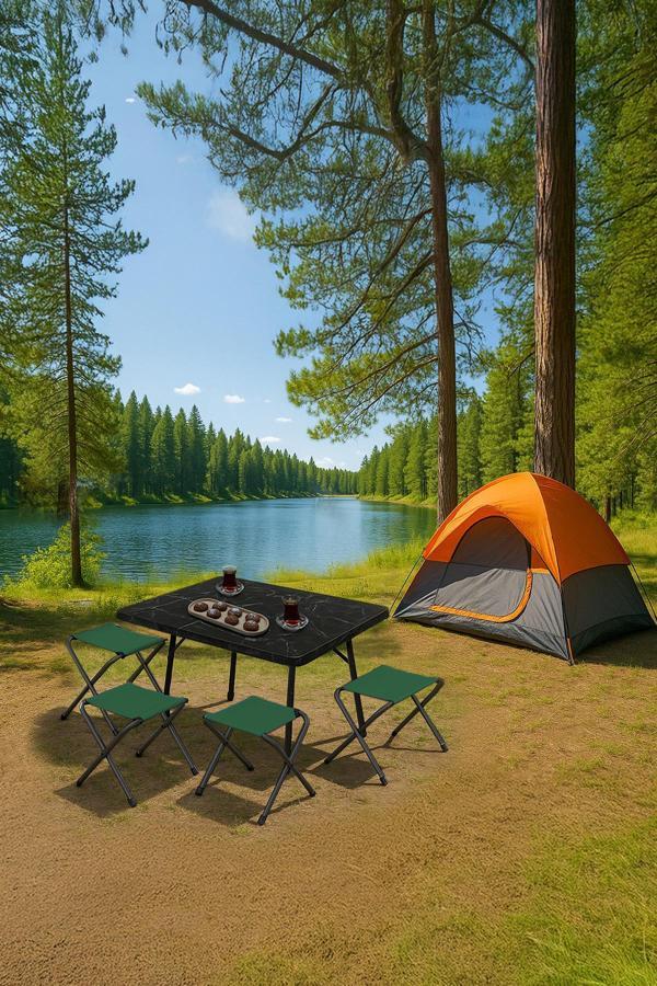 Exent 45X60 cm Kamp Sehpası + 4 Adet YEŞİL Tabure Piknik, bahçe balkon sehpası Katlanır Sehpa-ME-4Y - Image 1