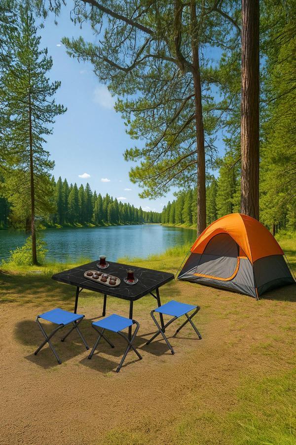 Exent 45X60 cm Kamp Sehpası + 3 Adet MAVİ Tabure Piknik, bahçe balkon sehpası Katlanır Sehpa-ME-3M - Image 1