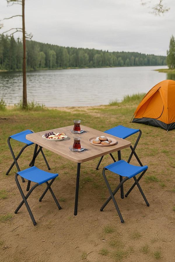 Exent 45X60 cm Kamp Sehpası + 4 Adet MAVİ Tabure Piknik, bahçe balkon sehpası Katlanır Sehpa-A-4M - Image 1