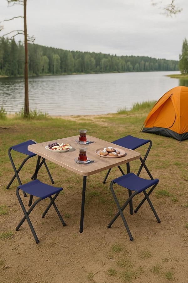 Exent 45X60 cm Kamp Sehpası + 4 Adet LACİVERT Tabure Piknik, bahçe sehpası Katlanır Sehpa-A-4L - Image 1