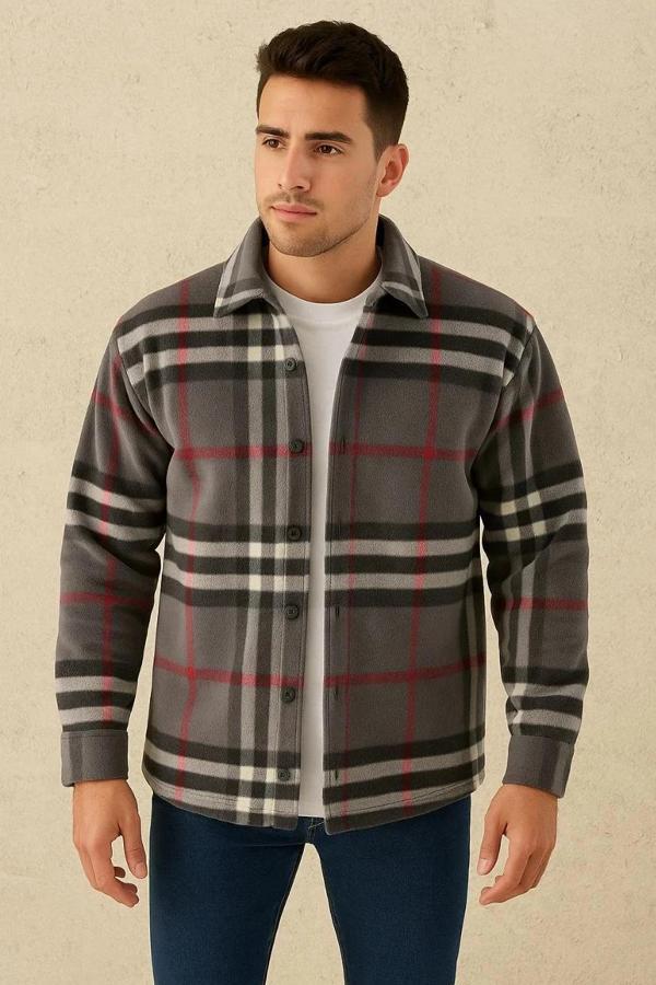 Erkek Ekose Desenli Düğmeli Polar Yakalı Uzun Kollu Gömlek Oversize Rahat Kalıp - Füme - Image 1