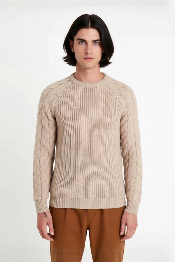 Erkek Regular Fit Bisiklet Yaka Saç Örgü Detaylı Triko Kazak Soğuk Günler İçin Rahatlık Sunar - Image 1