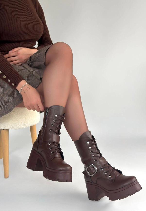 Linma Kahverengi Cilt Bağcıklı Topuklu Bot - Image 1