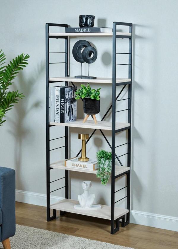 DEKORATİF BEYAZ AHŞAP RAFLI METAL KİTAPLIK ÇOK AMAÇLI 5 RAFLI DOLAP MATKAPSIZ KOLAY KURULUM - Image 1