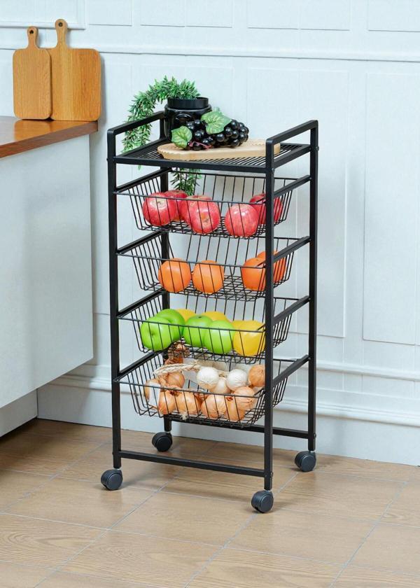 DEKORATİF SİYAH METAL SEBZELİK TEKERLEKLİ 4 RAFLI TEL SEPETLİ ÇOK AMAÇLI STAND - Image 1