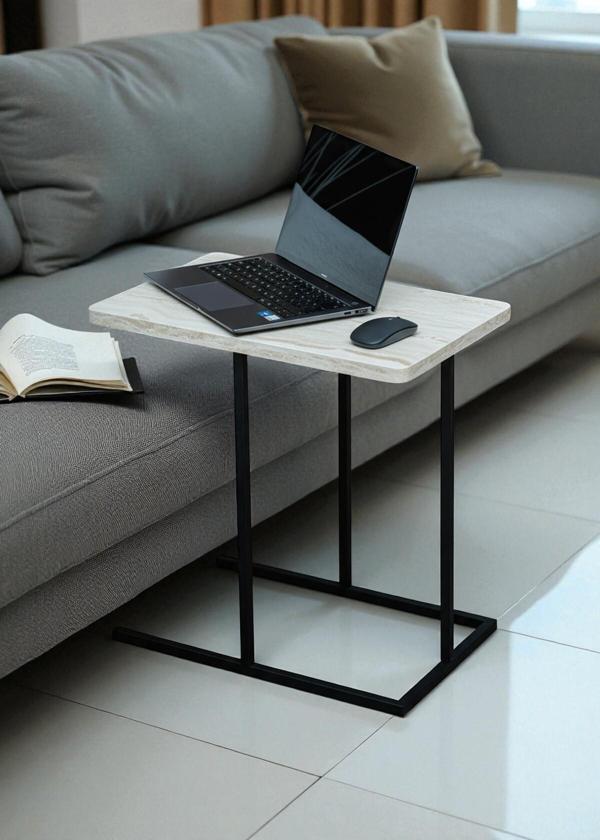 DEKORATİF BEYAZ METAL YAN SEHPA AHŞAP RAFLI KOLTUK YANI SERVİS SEHPASI ÇOK AMAÇLI ZİGON C SEHPA  - Image 1