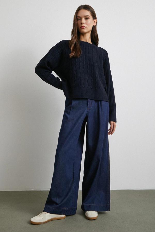 Yüksek Bel Geniş Paça Jean Lacivert - Image 1