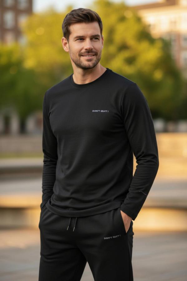 Kışlık Pamuklu Erkek Eşofman Pijama Takımı (Slim Fit - Düz Paça) Siyah - Image 1