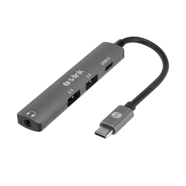 S-link SWV-USBC024 4 in 1 Gri Metal TypeC to 2*USB2.0 USB-C, 3.5mm Aux Port Type C Adaptör - Image 1