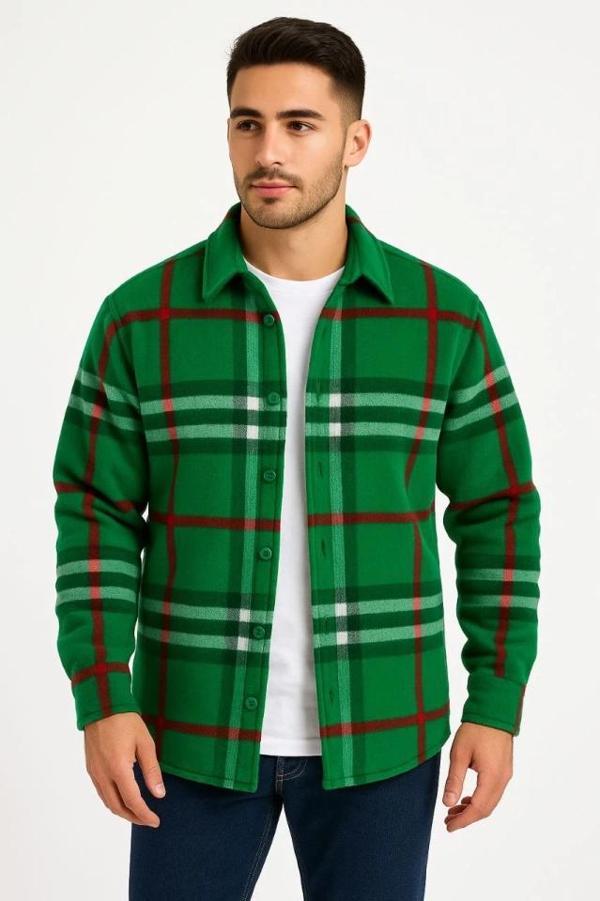 MDB Erkek Ekose Desenli Düğmeli Polar Yakalı Uzun Kollu Gömlek Oversize Rahat Kalıp  Yeşil - Image 1