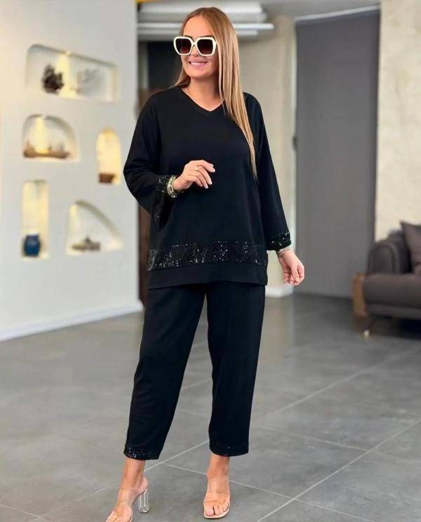 MDB Kadın Uzun Kollu V Yakalı Pulpayet Viskon Iki Iplik Bluz Ve Pantolon Takım - Image 1
