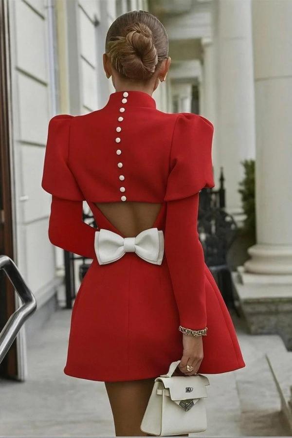 MDB Kadın Uzun Kollu Yarı Balıkçı Yaka Arkadan Kurdela Detaylı Mini Atlas Elbise - Image 1