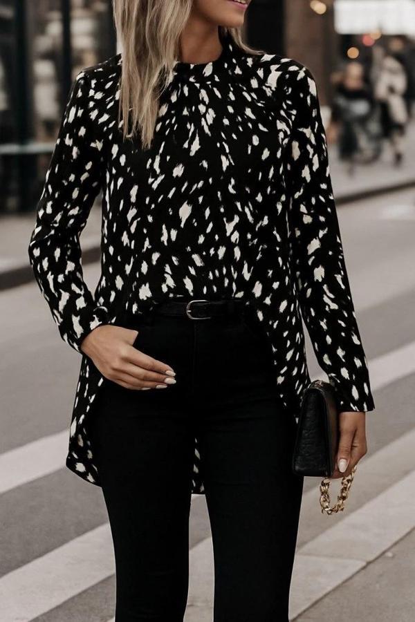 MDB Kadın Uzun Kollu Yarı Balıkçı Yaka Desenli Dokuma Bluz - Image 1