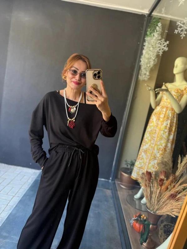 MDB Kadın Uzun Kollu Tek Omuzdan Açık Viskon Iki Iplik Bluz Ve Pantolon Ikili Takım - Image 1