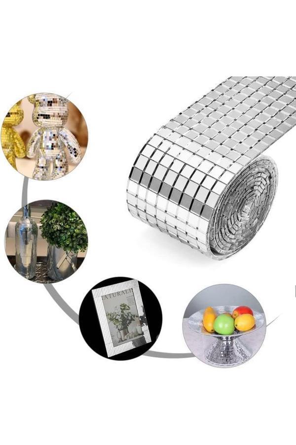 1 Rulo Gümüş Renk Aynalı Mozaik Taşlı Dekor Bant Yapışkanlı Kare Cam Ayna Taş Parti Süsleme Bandı - Image 1