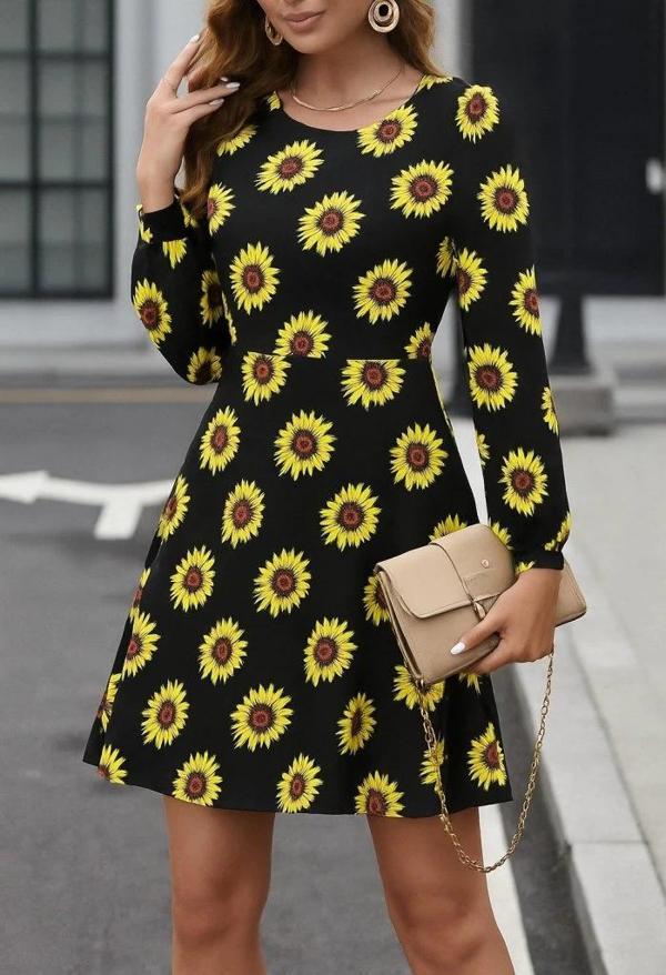 MDB Kadın Uzun Kollu Bisiklet Yaka Desenli Kısa Krep Elbise - Image 1