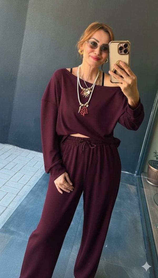 MDB Kadın Uzun Kollu Tek Omuzdan Açık Viskon Iki Iplik Bluz Ve Pantolon Ikili Takım - Image 1