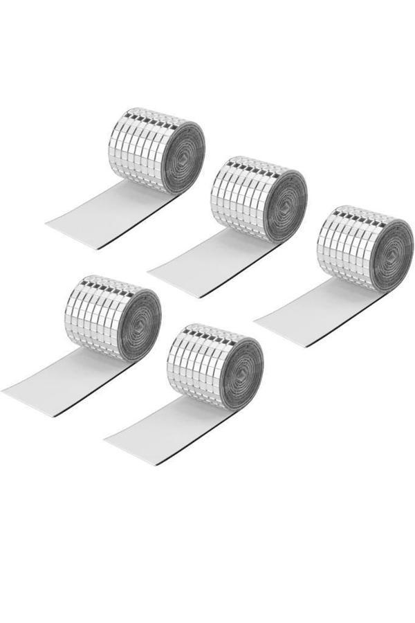 5 Rulo Gümüş Renk Aynalı Mozaik Taşlı Dekor Bant Yapışkanlı Kare Cam Ayna Taş Parti Süsleme Bandı - Image 1