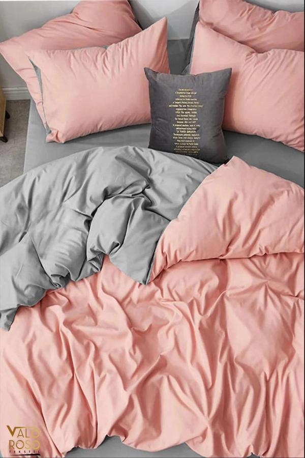 Lodos Home Pamuklu Çift Kişilik Lastikli Nevresim Takımı Pembe-Gri - Image 1