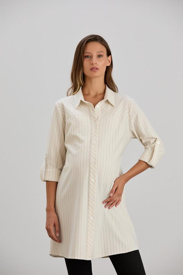 IŞŞIL 4546-Çizgili Verev Kesim Hamile Giyim Gömlek-Tunik - Image 1