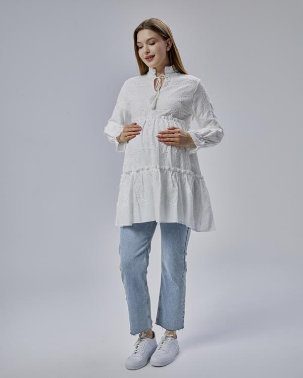 IŞŞIL 50877-Brode Fırfırlı Hakim Yaka Hamile Gömlek-Tunik - Image 1