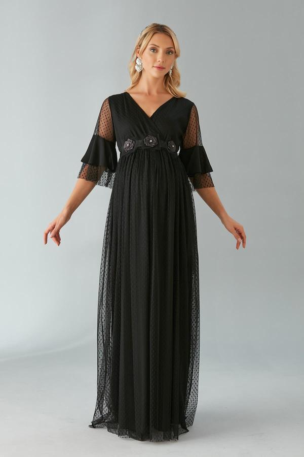 IŞŞIL 4531-Kruvaze Yaka Puanlı Tül Hamile Abiye Elbise - Image 1