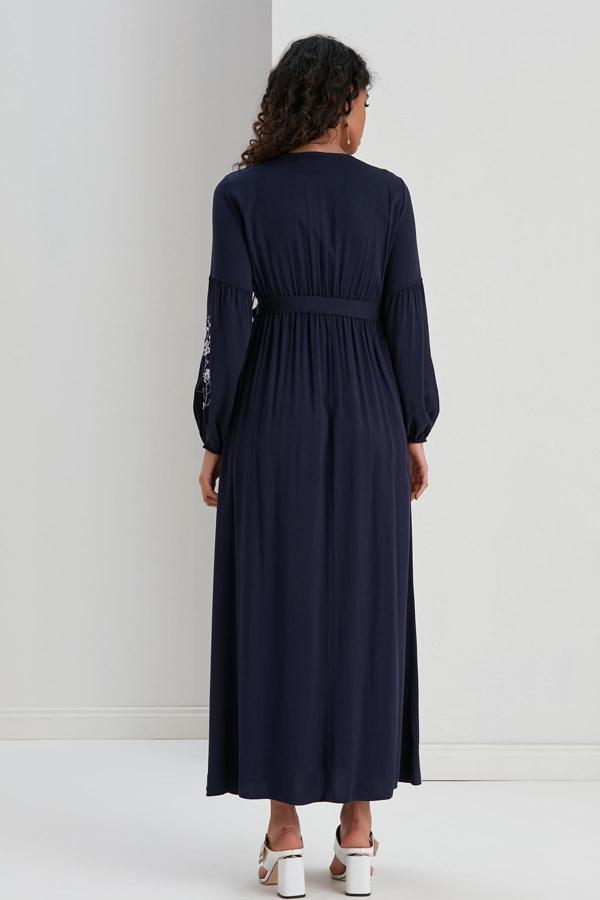 IŞŞIL M051-Nakışlı Balon Kol Hamile Viskon Maxi Elbise - Image 1