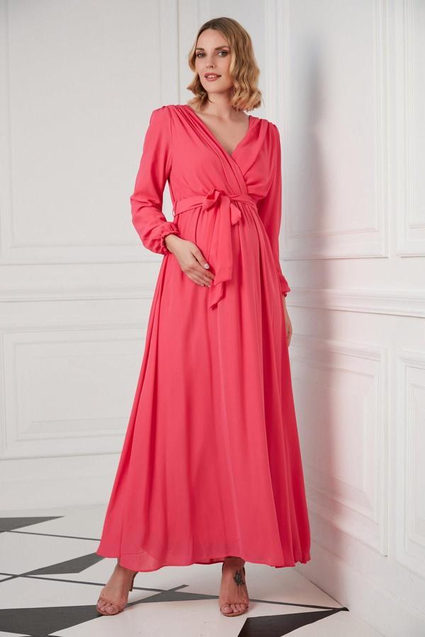 IŞŞIL O7053-Kruvaze Şifon Kuşak Baby Shower Maxi Hamile Elbise - Image 1