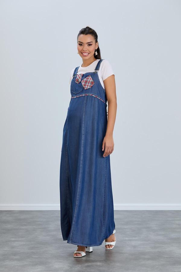 IŞŞIL 443-Ekose Aplikeli Lyocell Hamile Maxi  Bahçıvan Elbise - Image 1