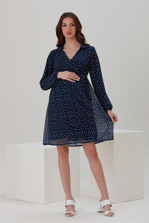 IŞŞIL E118-Damla Desen Kruvaze Yaka Hamile Şifon Elbise - Image 1