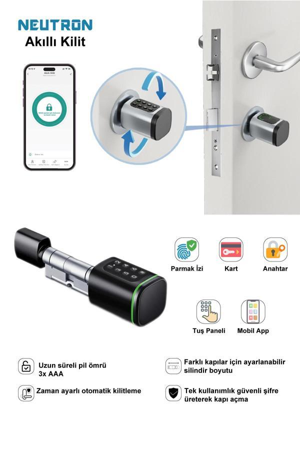 NEUTRON NTL-SC-02FKPB Parmak izi, Anahtarlı, Tuşlu, Kartlı ve Uzaktan Kontrollü Akıllı Kapı Kilidi Siyah - Image 1