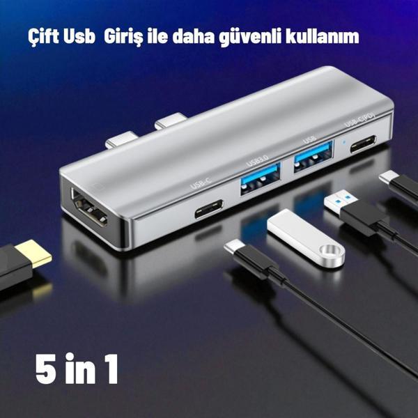 Technow YG-2102 5 in 1 Çift USB-C / Type-C-USB HUB Çevirici Adaptör - Image 1
