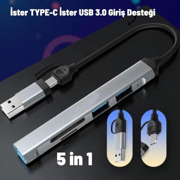 Technow USB 3.0/USB 2.0/SD/TF Girişli 5 in 1 Tip-C Çevirici Adaptörü - Image 1