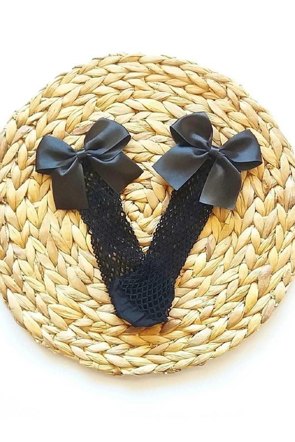 Siyah Fileli Diz Altı Fiyonklu Kız Çocuk Çorap - Image 1