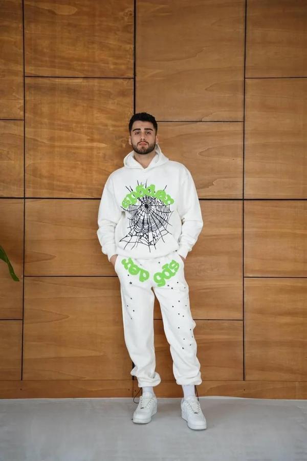 Erkek Kapüşonlu Eşofman Takım Örümcek Ağı ve Neon Yeşil Baskılı Kanguru cepli Oversize Rahat Kalıp,  - Image 1