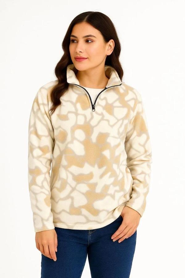 KADIN Yarım Fermuarlı Desenli Polar Sweat Yakalı, Uzun Kollu, Oversize Rahat Kalıp - Bej - Image 1