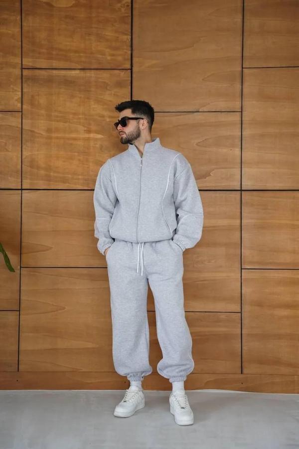 Erkek Premium Parçalı Eşofman Takım - Dik Yaka Fermuarlı Biyeli Sweatshirt Lastik Paça Alt, Oversize - Image 1