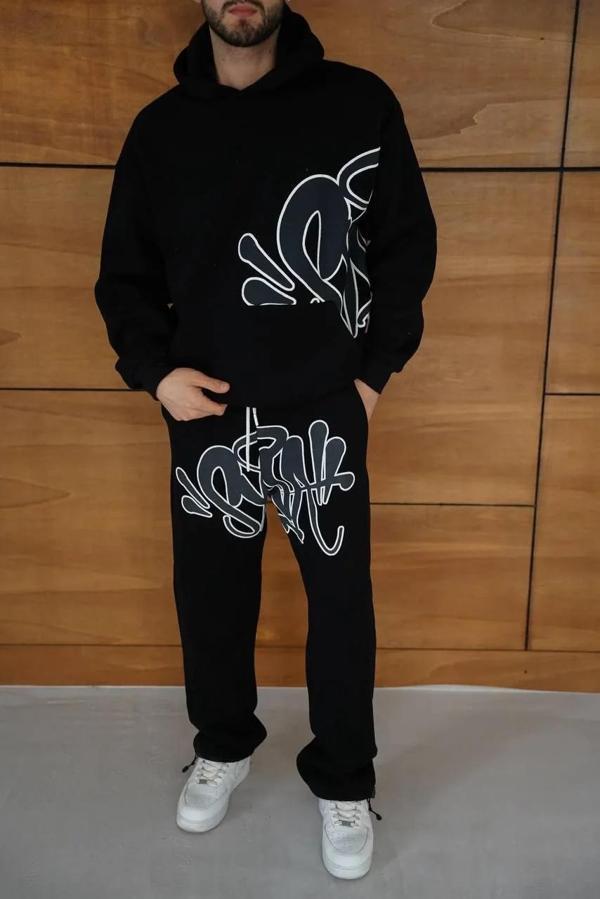 Erkek Kapüşonlu Eşofman Takım Graffiti Baskılı Oversize Rahat Kalıp, Kanguru Cepli, Streetwear Tarzı - Image 1