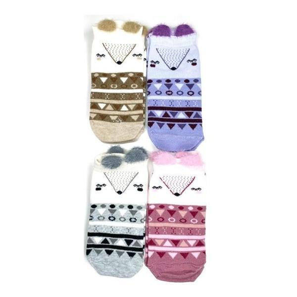 4 Çift Yumuşak Ponpon 3 Boyut Kulaklı Desenli Pamuklu Kadın Bilek çorap - Image 1