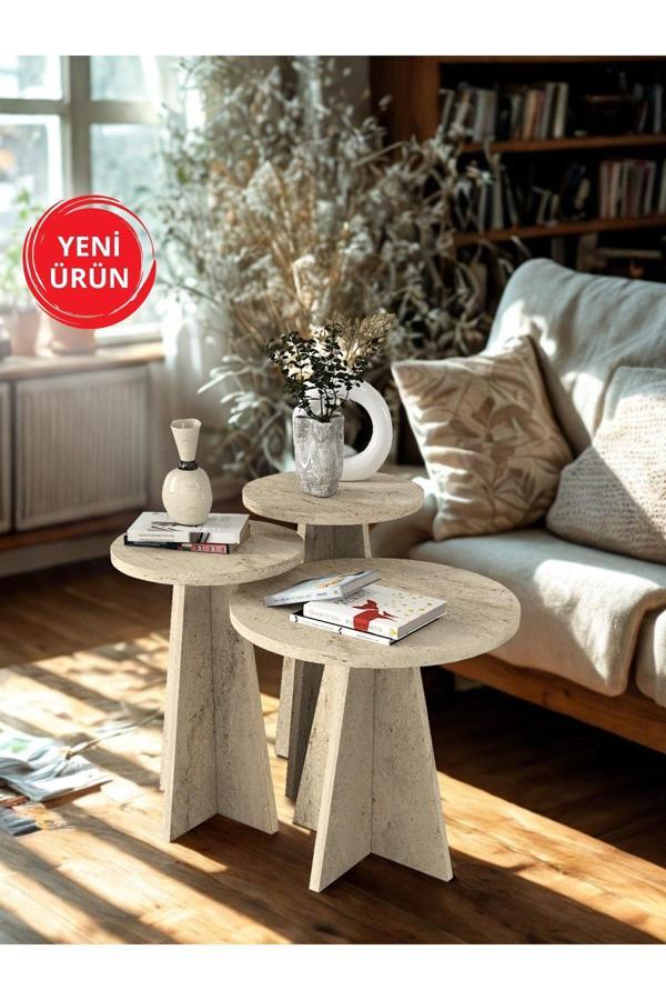 Podel Yuvarlak Iskandinav Mantar Sehpa 3'lü Zigon Sehpa Traverten - Image 1