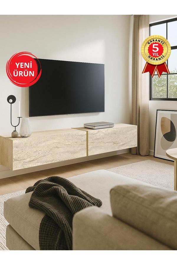 Modern Espanse Tv Ünitesi Traverten 180 cm , Modern ve Kolay Kurulum, Gold Detaylı - Image 1