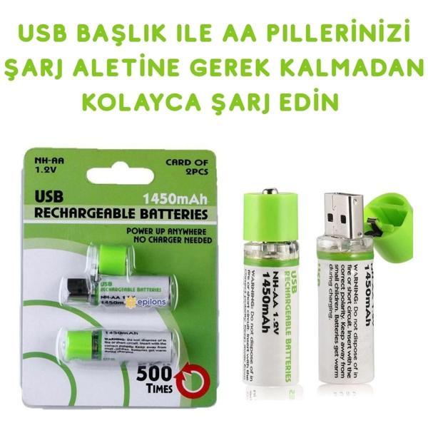 Usb Şarjlı 1450mah Aa 1.2v Lityum Kalem Pil 2’li Set Dönüşümlü Batarya - Image 1