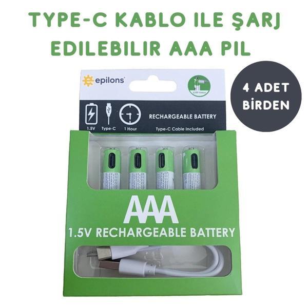 Usb Type-c Şarjlı 4 Adet Aaa 1.5v Lityum Kalem Pil 750mah Uzun Ömürlü - Image 1