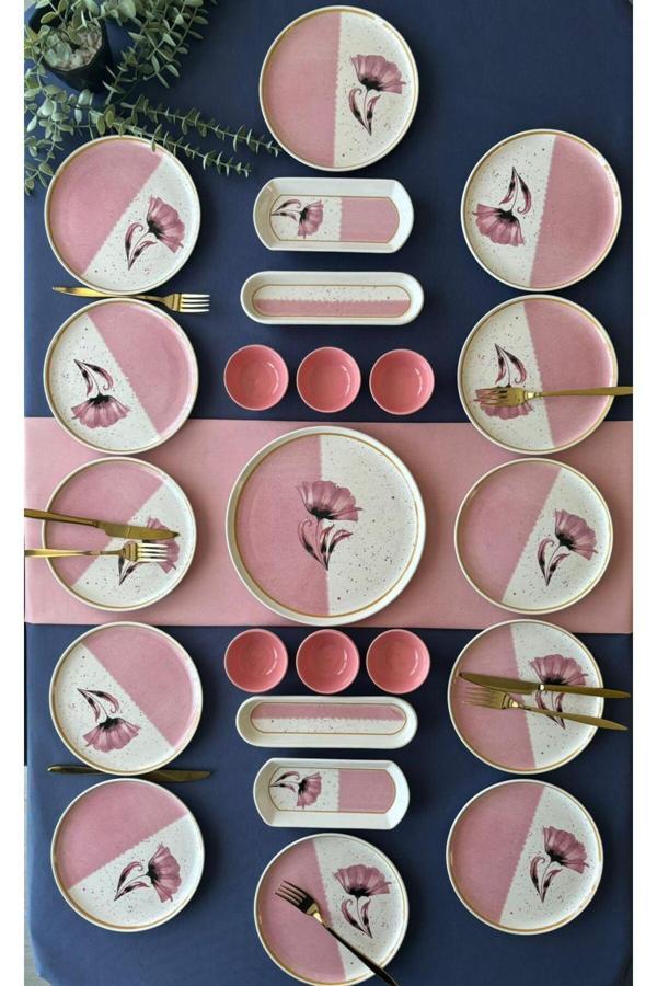 Poppy Model 12 Kişilik 23 Parça With Saucer Kahvaltı Takımı (Pink) - Image 1