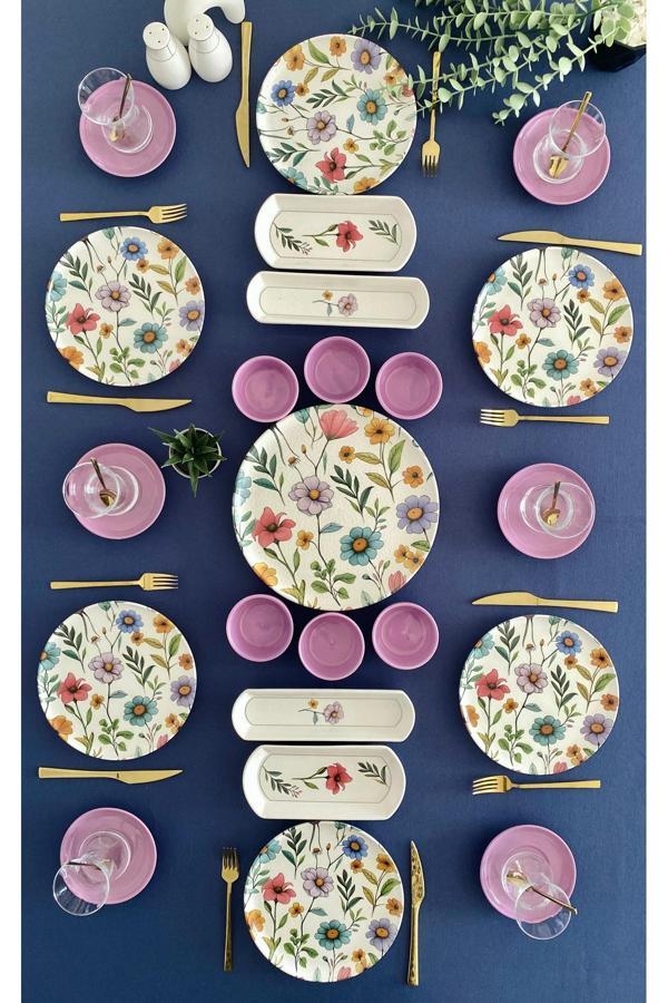 Flora model 6 kişilik 23 parça çay tabaklı kahvaltı takımı (mor) - Image 1