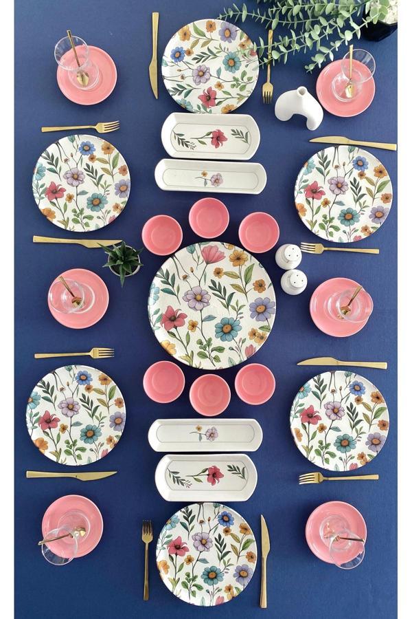 Flora model 6 kişilik 23 parça çay tabaklı kahvaltı takımı (pembe) - Image 1