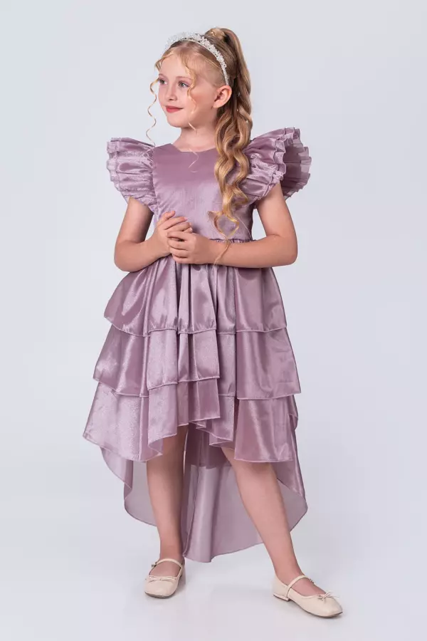 Kız Çocuk Taçlı Kat Kat Abiye Elbise- Zarif Kuyruklu Prenses Model - Image 1